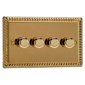 Varilight 4-Gang 2-Way V-Pro Push On/Off Rotary LED Dimmer 4 x 0-120W (Twin Plate) Rope-Edge Brass