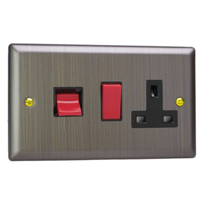 Varilight 45A Cooker Panel with 13A Double Pole Switched Socket Outlet (Red Rocker) Antique Brass