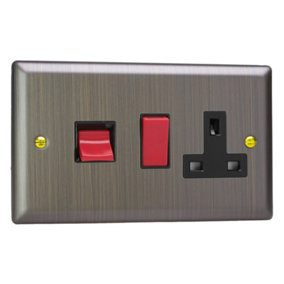 Varilight 45A Cooker Panel with 13A Double Pole Switched Socket Outlet (Red Rocker) Antique Brass