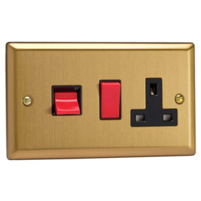 Varilight 45A Cooker Panel with 13A Double Pole Switched Socket Outlet (Red Rocker) Brushed Brass
