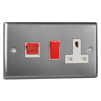 Varilight 45A Cooker Panel with 13A Double Pole Switched Socket Outlet (Red Rocker) Brushed Steel