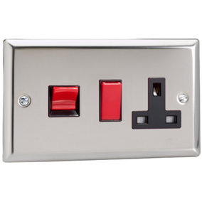 Varilight 45A Cooker Panel with 13A Double Pole Switched Socket Outlet (Red Rocker) Chrome