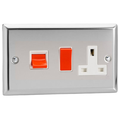 Varilight 45A Cooker Panel with 13A Double Pole Switched Socket Outlet (Red Rocker) Chrome