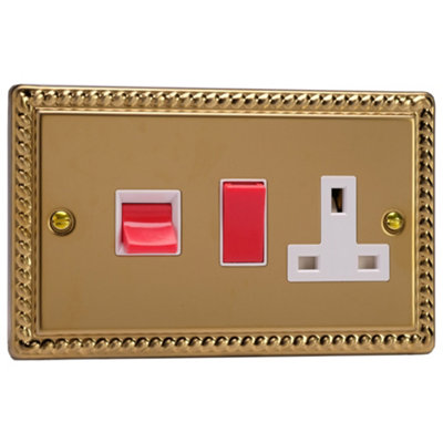 Varilight 45A Cooker Panel with 13A Double Pole Switched Socket Outlet (Red Rocker) Georgian Brass