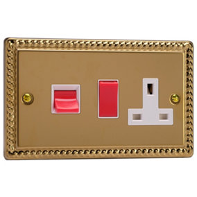 Varilight 45A Cooker Panel with 13A Double Pole Switched Socket Outlet (Red Rocker) Georgian Brass