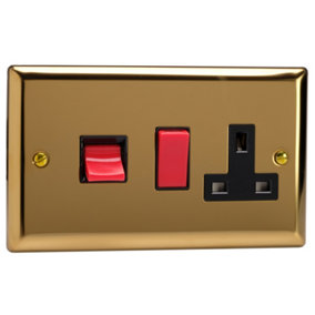Varilight 45A Cooker Panel with 13A Double Pole Switched Socket Outlet (Red Rocker) Polished Brass