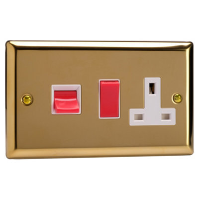 Varilight 45A Cooker Panel with 13A Double Pole Switched Socket Outlet (Red Rocker) Polished Brass