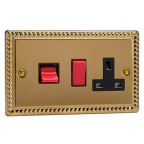 Varilight 45A Cooker Panel with 13A Double Pole Switched Socket Outlet (Red Rocker) Rope-Edge Brass