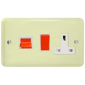 Varilight 45A Cooker Panel with 13A Double Pole Switched Socket Outlet (Red Rocker) White Chocolate