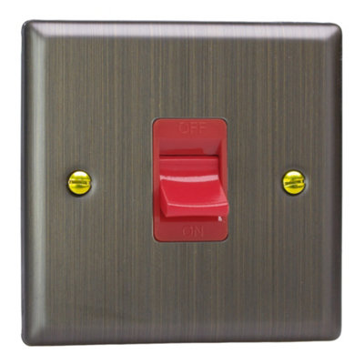 Varilight 45A Cooker Switch (Single Plate, Red Rocker) Antique Brass