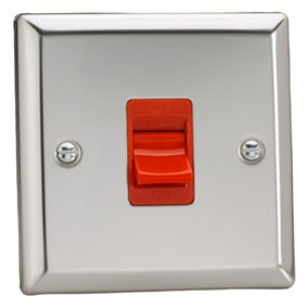 Varilight 45A Cooker Switch (Single Plate, Red Rocker) Chrome