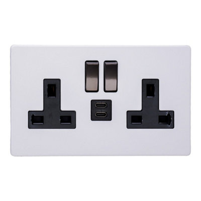 Varilight Double 13A Switched Plug Socket with USB C - Screwless Primed ...