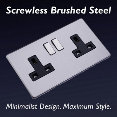 Varilight Double Switched Plug Socket - Screwless Brushed Steel With ...