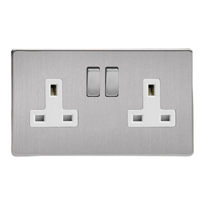 Varilight Double Switched Plug Socket - Screwless Brushed Steel With ...
