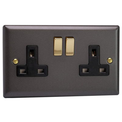 Varilight Double Switched Plug Socket - Vogue Slate With Black/Brass ...