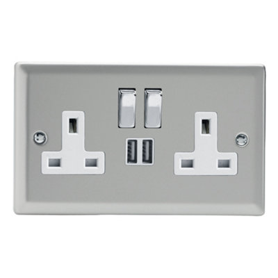 Varilight Double Switched Plug Socket With USB Charging - Classic Satin ...