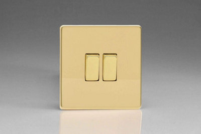 Varilight Flat Plate Screwless Polished Brass 2-Gang Light Switch XDV2S