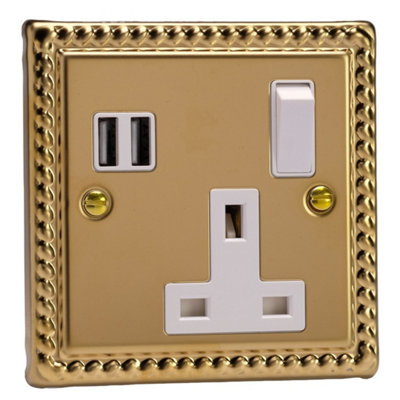 Varilight Single Plug Socket With USB Charging - Classic Georgian Brass ...