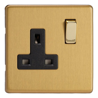 Varilight Single Switched Plug Socket - Screwless Brushed Brass With ...