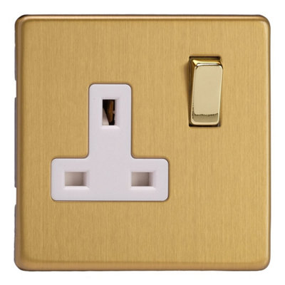 Varilight Single Switched Plug Socket - Screwless Brushed Brass With ...