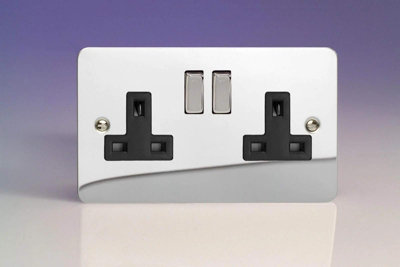 Varilight Ultra Flat Plate Polished Chrome Black & Metal Inserts 2-Gang 13Amp Plug Socket XFC5DB