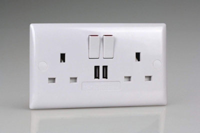 Varilight White 2-Gang 13A Single Pole Switched Socket + USB Charging Ports