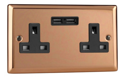 Varilight XY5U2B.CU Socket 2-Gang & USB 2.1A Polished Copper (Black Inserts)