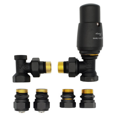 Vario Term Angled Version Black Powder Coated Brass Thermostatic Lockshield Valve Radiator Set + Copper (Cu) and PEX Connectors