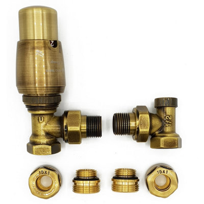 Vario Term Angled Version with Copper (Cu) Connectors Elegant Antique Brass Thermostatic Lockshield Valve Radiator Set