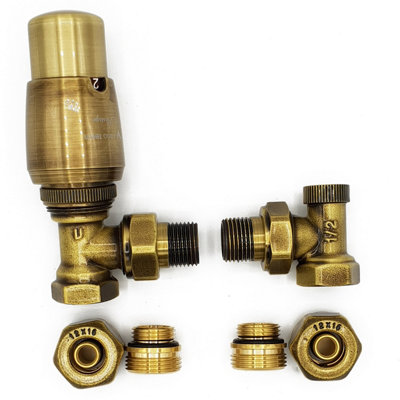 Vario Term Angled Version with PEX Connectors Elegant Antique Brass Thermostatic Lockshield Valve Radiator Set