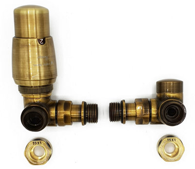 Vario Term Left Version with Copper (Cu) Connectors Antique Brass Thermostatic + Lockshield Angled Valve Set Double-Pipe Radiator