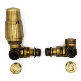 Vario Term Left Version with Copper (Cu) Connectors Antique Brass Thermostatic + Lockshield Angled Valve Set Double-Pipe Radiator