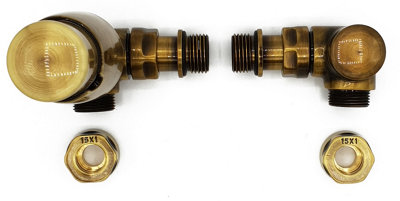 Vario Term Left Version with Copper (Cu) Connectors Antique Brass Thermostatic + Lockshield Angled Valve Set Double-Pipe Radiator