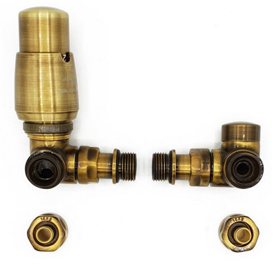 Vario Term Left Version with PEX Connectors Antique Brass Thermostatic + Lockshield Angled Valve Set Double-Pipe Radiator