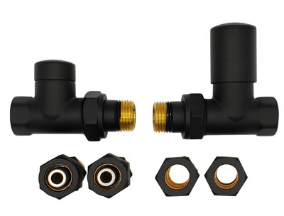 Vario Term Straight Black Brass Antique Brass Regulating + Lockshield Valve Radiator Set Copper and PEX Connectors