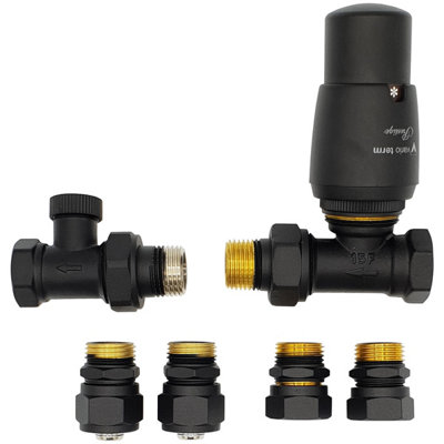 Vario Term Straight Version Black Powder Coated Brass Thermostatic Lockshield Valve Radiator Set + Copper (Cu) and PEX Connectors