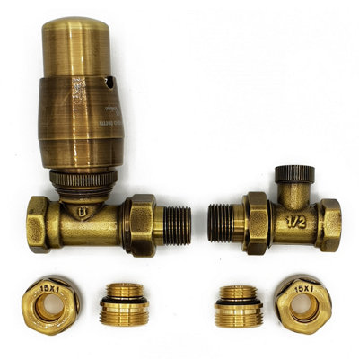 Vario Term Straight Version with Copper (Cu) Connectors Elegant Antique Brass Thermostatic Lockshield Valve Radiator Set