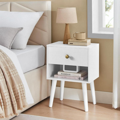 VASAGLE 2-Piece Bedside Table Set, Open Shelf and Drawer, Wooden Legs, Great for Living Room, Bedroom, or Sofa, Cloud White