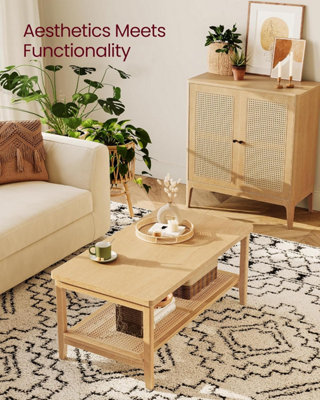 VASAGLE 2-Tier Coffee Table with Storage, Coffee Table for Living Room, Table with PVC Rattan Storage Shelf, Oak Beige