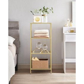 VASAGLE 4-Tier Glass Shelf, Bookshelf, Storage Rack, Tempered Glass, for Bathroom, Living Room, Bedroom, Office, Metallic Gold