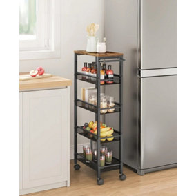 VASAGLE 5-Shelf Trolley, Space-Saving Kitchen Cart with Castors, Steel Frame, Handle, for Small Spaces, Rustic Brown and Black