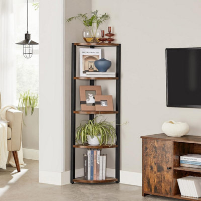 Brown Industrial 5 Tier Corner Shelf, Corner Storage Rack Indoor Plant Stand, Modern Corner Bookshelf and Bookcase - AllWhite