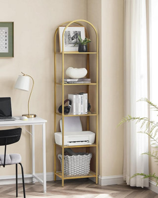 VASAGLE 5-Tier Storage Rack, Glass Shelves, Storage Organizing Shelf, Steel Structure, Versatile, Metallic Gold & Transparent