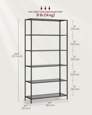 Vasagle 6-tier Bookcase, Tempered Glass Shelves, Storage Rack, For 