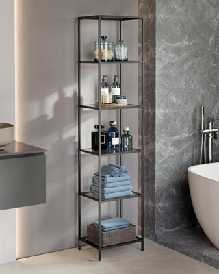 VASAGLE 6-Tier Glass Shelf, Bookshelf, Storage Rack, Tempered Glass, Easy Assembly, Ink Black and Slate Grey