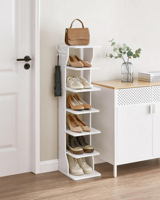 VASAGLE 7 Tier Vertical Shoe Rack Narrow Shoe Storage Organizer with Hooks Slim Wooden Corner Shoe