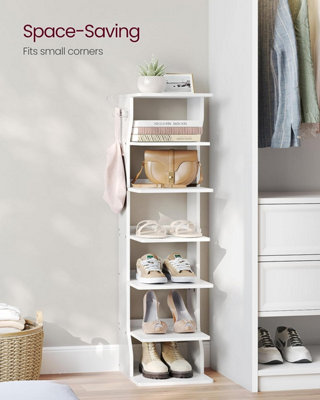 VASAGLE 7 Tier Vertical Shoe Rack Narrow Shoe Storage Organizer with Hooks Slim Wooden Corner Shoe Tower Rack White DIY at B Q