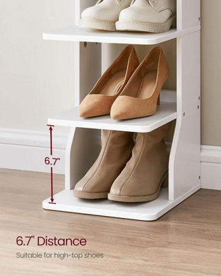 VASAGLE 7 Tier Vertical Shoe Rack Narrow Shoe Storage Organizer with Hooks Slim Wooden Corner Shoe