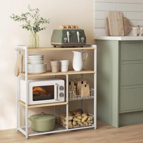 VASAGLE Baker's Rack, Kitchen Island with 2 Metal Mesh Baskets, Shelves and Hooks, Industrial Style, Oak Beige and White