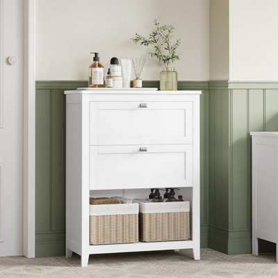 VASAGLE Bathroom Cabinet, Storage Cabinet, 2 Drawers with 1 Set of Adjustable Dividers, 2 Baskets, Side Board, Cloud White